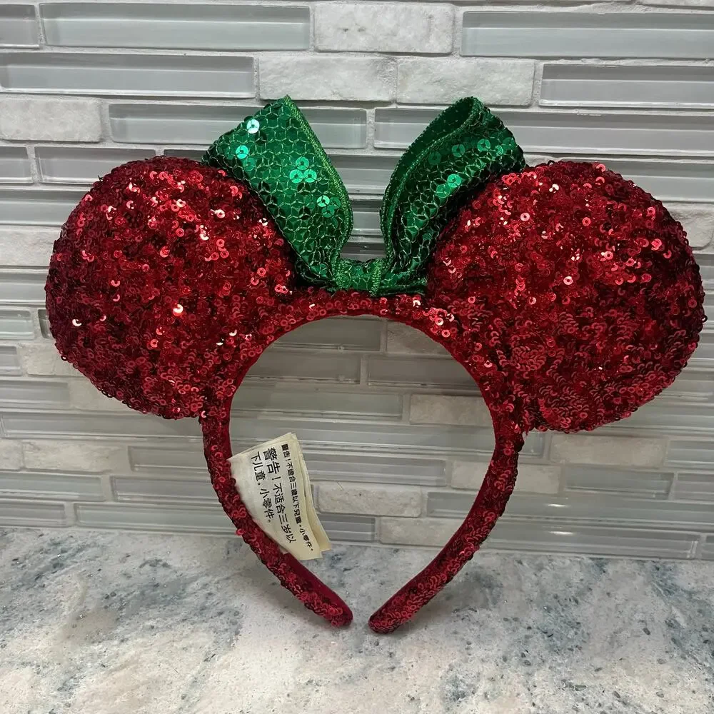 Disney Parks Minnie Mouse Christmas Headband Ears Red Green Sequins Holiday